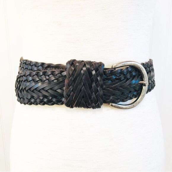 VINTAGE Wide Brown Braided Leather Belt Woven Silver‎ Buckle 90s Y2K Size Large - Picture 1 of 9